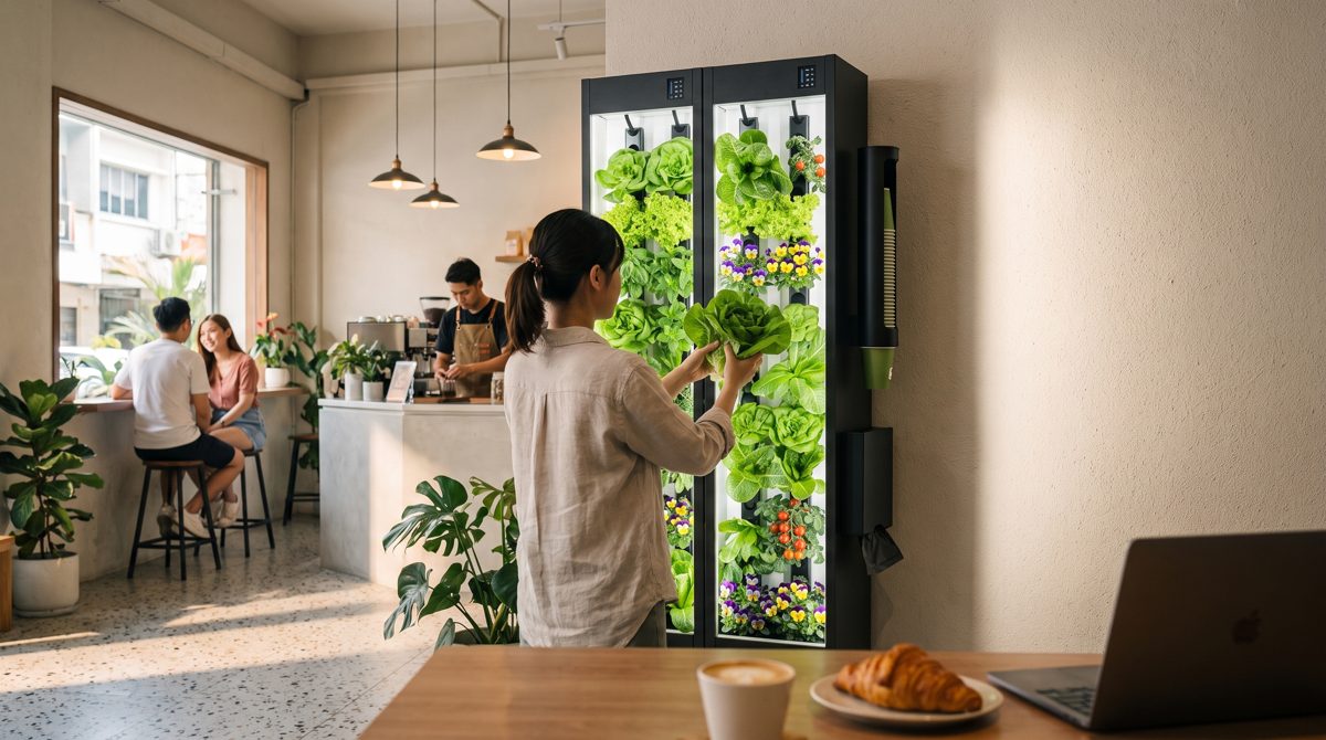 two urbans units in a café, a customer lifting a lettuce out