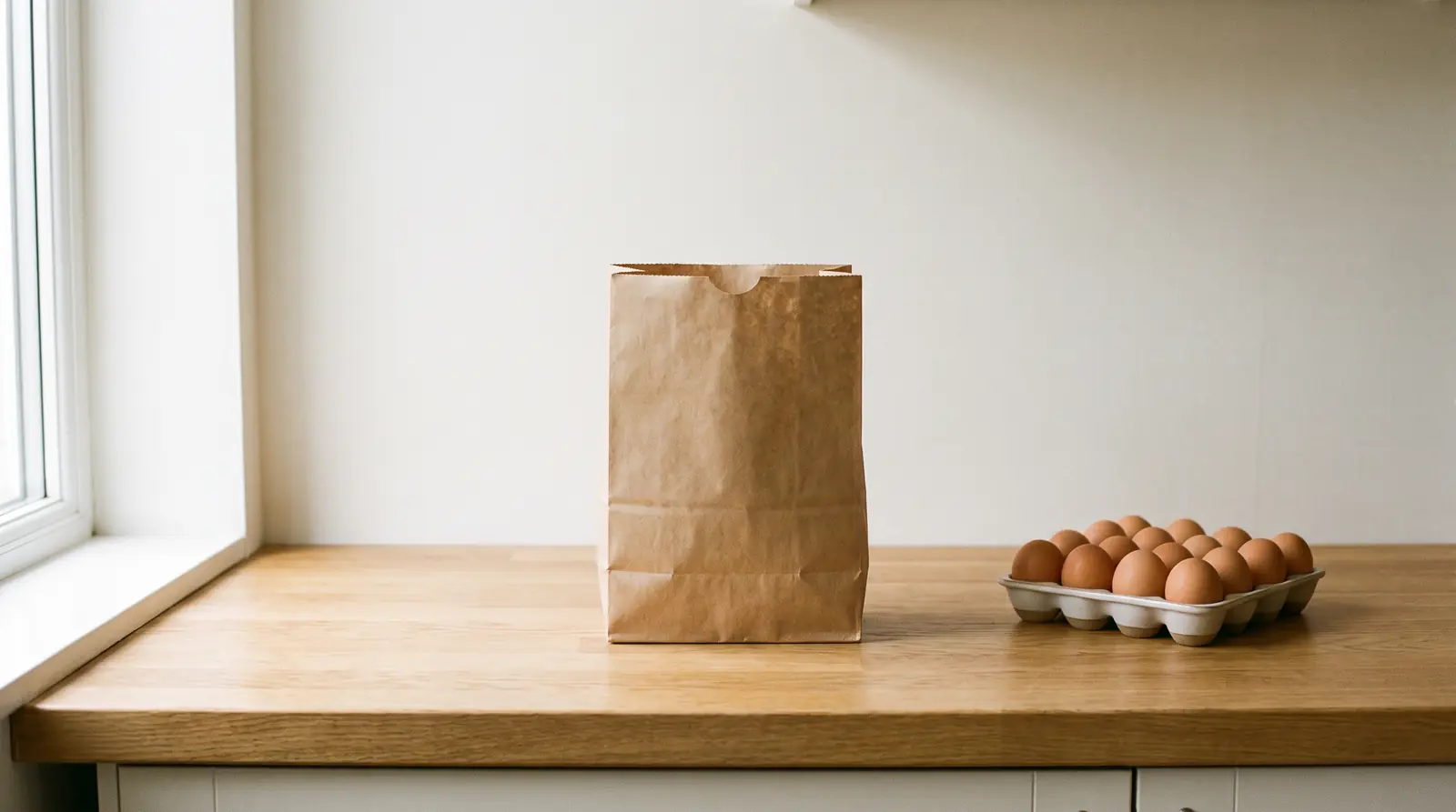 A kraft paper bag filling with live lettuces and herbs, next to a tray of eggs