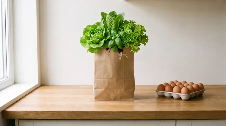 A kraft bag full of live lettuces and herbs, roots and all