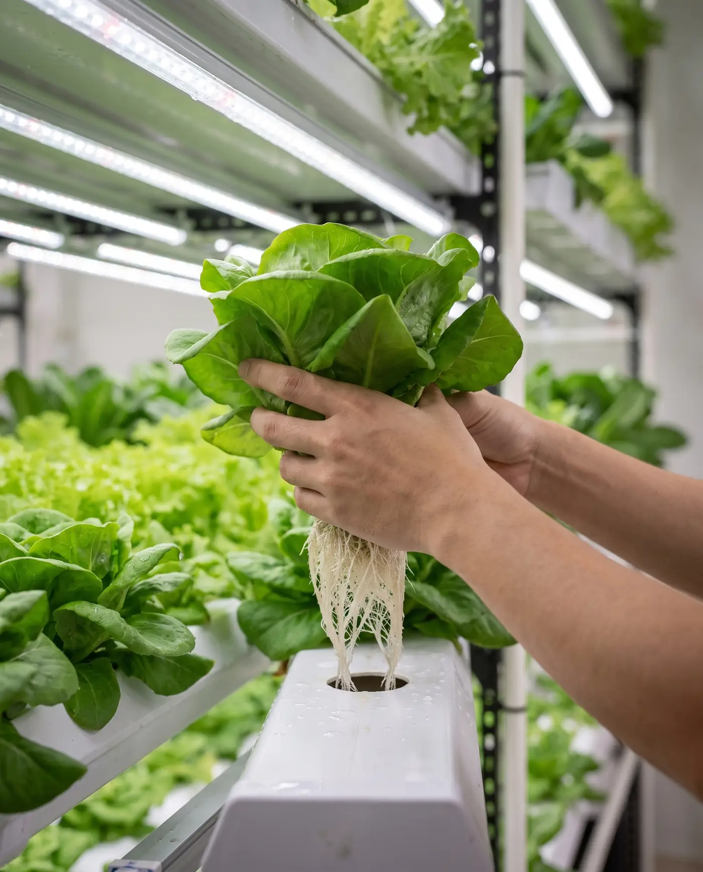 Hands lifting a live butterhead lettuce, roots and all, from the farm's growing channel